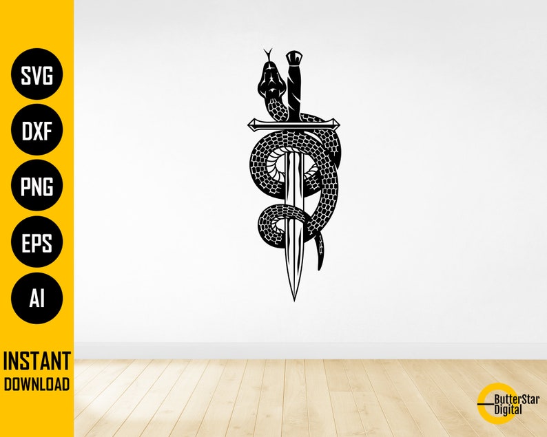 May include: Black and white illustration of a snake coiled around a sword. The snake's head is at the top, with the sword's hilt and blade visible. The image includes the text "SVG, DXF, PNG, EPS, AI" and "INSTANT DOWNLOAD".