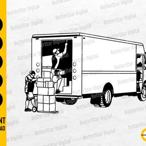 May include: Monochrome illustration of a delivery van with two figures loading boxes. The image includes the text "SVG, DXF, PNG, EPS, AI" and "INSTANT DOWNLOAD".