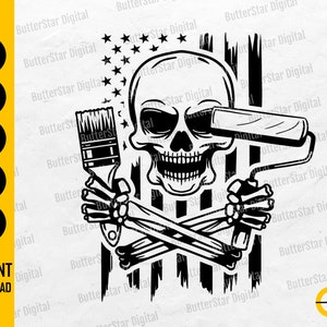 US Skull Painter SVG | USA Flag Skeleton Paint T-Shirt Decal Vinyl Graphics | Cricut Silhouette Cameo Clipart Vector Digital Dxf Png Eps Ai