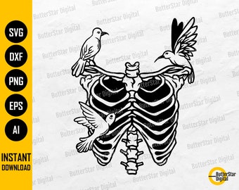 Ribbenkast met kolibries SVG | Ribbenkast-SVG | Gothic T-shirt vinyl stencil tattoo | Cricut gesneden bestanden Clip Art Vector digitale Dxf Png Eps Ai