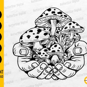 Hand Holding Mushrooms SVG | Psychedelic Decal T-Shirt Vinyl Stencil | Cricut Cutting File Silhouette Clip Art Vector Digital Dxf Png Eps Ai