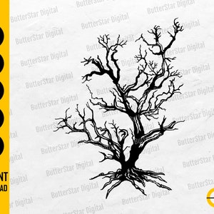 May include: Black tree silhouette with intricate branches and roots, a digital design. The image includes file type icons: SVG, DXF, PNG, EPS, and AI, along with the text "INSTANT DOWNLOAD". The design is by ButterStar Digital.