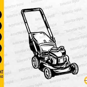 Pode incluir: Ilustração a preto e branco de um cortador de relva. A imagem inclui o texto "INSTANT DOWNLOAD" e ícones de tipo de ficheiro para SVG, DXF, PNG, EPS e AI. O design apresenta uma representação detalhada de um cortador de relva manual.