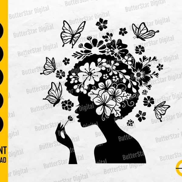 Floral Afro Woman SVG | Flower Girl SVG | Black Lady With Flower Head SVG | Cricut Cut Files Printable Clipart Vector Digital Dxf Png Eps Ai