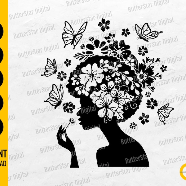Femme afro florale SVG | Fille de fleur SVG | Dame noire avec tête de fleur SVG | Cricut Cut Files Imprimable Clipart Vector Digital Dxf Png Eps Ai