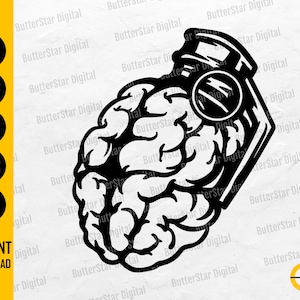 May include: Black and white graphic of a grenade with a brain-like design. The image includes the words "SVG, DXF, PNG, EPS, AI" and "INSTANT DOWNLOAD". The design is from ButterStar Digital.
