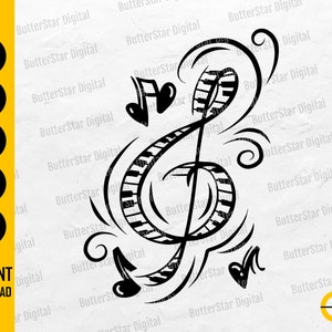 May include: Black and white musical design featuring a treble clef with piano keys, musical notes, and decorative swirls. The words "SVG, DXF, PNG, EPS, AI" and "INSTANT DOWNLOAD" are also included.