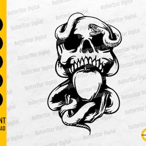 May include: A monochrome digital illustration featuring a skull entwined with a snake, holding an apple. The image includes the text "SVG, DXF, PNG, EPS, AI" and "INSTANT DOWNLOAD".