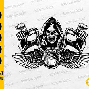 May include: A monochrome graphic depicting a hooded skull on a motorcycle. The design features handlebars, a headlight, and wings. Text includes "SVG, DXF, PNG, EPS, AI" and "INSTANT DOWNLOAD".