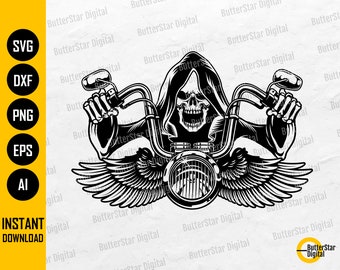 Motocykl Grim Reaper SVG | Szkielet Biker SVG | Skrzydlaty Kierownica Skrzydła Kierownica Cricut Sylwetka Clipart Wektor Cyfrowy Dxf Png Eps Ai