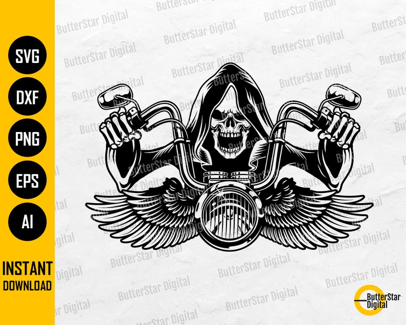 May include: A monochrome graphic depicting a hooded skull on a motorcycle. The design features handlebars, a headlight, and wings. Text includes "SVG, DXF, PNG, EPS, AI" and "INSTANT DOWNLOAD".