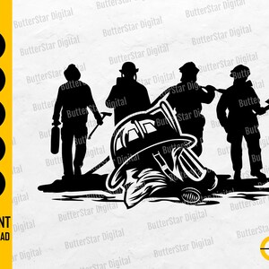 May include: Black silhouette of four firefighters with gear, including axes and a breathing apparatus. A firefighter's helmet is in the foreground. The image includes the text "INSTANT DOWNLOAD" and file type icons.