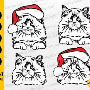 Op de afbeelding: Een digitale downloadafbeelding met vier kattenillustraties. Twee katten dragen kerstmutsen, allemaal in zwart-wit lijnkunst. De afbeelding bevat de tekst: "SVG, DXF, PNG, EPS, AI, DIRECT DOWNLOADEN."