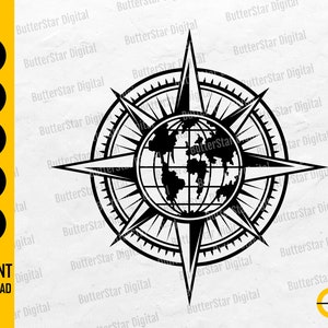 Könnte beinhalten: Schwarz-weißes Kompassrosen-Design mit einem Globus in der Mitte. Das Bild enthält den Text "SVG, DXF, PNG, EPS, AI" und "SOFORTIGER DOWNLOAD". Das Design stammt von ButterStar Digital.