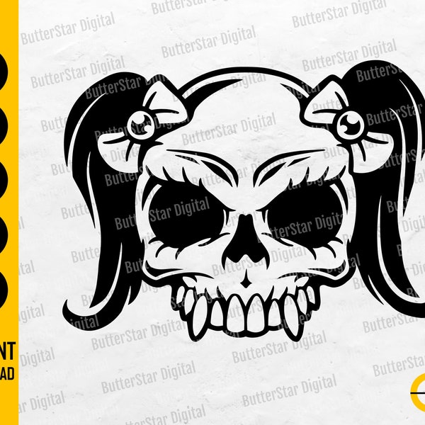 Cute Skull Girl SVG | Pigtail SVG | Ponytail SVG | Gothic Decal T-Shirt Vinyl Stencil | Cricut Cutfile Clipart Vector Digital Dxf Png Eps Ai