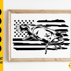 May include: Black and white illustration of a catfish over an American flag design. The image is framed in a light brown wooden frame. The words "SVG, DXF, PNG, EPS, AI" are on the left side, and "INSTANT DOWNLOAD" is at the bottom.
