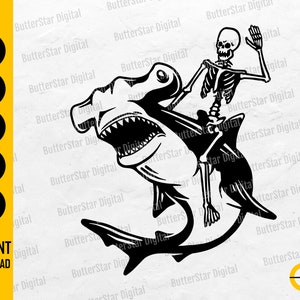 Esqueleto montando tiburón martillo SVG / Ocean Sticker Decal T-Shirt Graphics / Cricut Cut File Cuttable Clipart Vector Digital Dxf Png Eps Ai