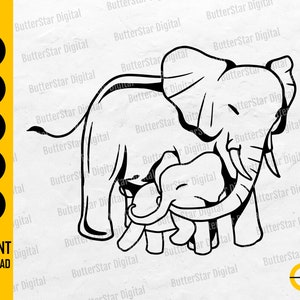 May include: Black and white line art illustration of a mother elephant and baby elephant. The image includes the text "SVG, DXF, PNG, EPS, AI" and "INSTANT DOWNLOAD". The logo for ButterStar Digital is also present.