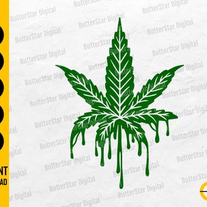 Könnte beinhalten: Eine grüne Cannabisblatt-Illustration mit einem tropfenden Effekt. Das Bild enthält Dateityp-Labels: SVG, DXF, PNG, EPS und AI, zusammen mit dem Text "INSTANT DOWNLOAD". Das Design ist vor einem weißen Hintergrund.