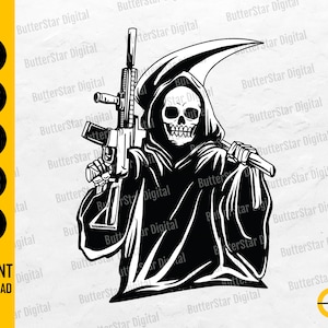 May include: Black and white graphic of the Grim Reaper holding a rifle and a scythe. The Reaper is wearing a hooded cloak. Text on the left side of the image includes "SVG", "DXF", "PNG", "EPS", and "AI". The words "INSTANT DOWNLOAD" are also present.