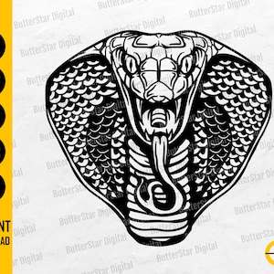Könnte beinhalten: Schwarz-weiße Illustration eines Kobra-Kopfes mit geöffnetem Kragen und gespaltener Zunge. Der Text "SVG, DXF, PNG, EPS, AI" und "INSTANT DOWNLOAD" ist enthalten.