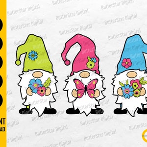May include: Three colorful gnome designs with white beards, holding flowers or a butterfly. Each gnome wears a different hat color: green, pink, and blue. The image includes the text "SVG, DXF, PNG, EPS, AI" and "INSTANT DOWNLOAD".