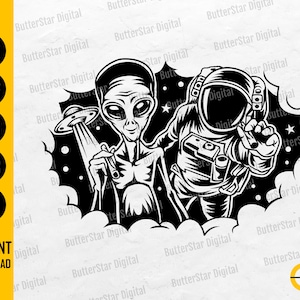 May include: Black and white graphic of an alien and an astronaut. The alien is holding a ray gun, and the astronaut is pointing. The image includes the text "INSTANT DOWNLOAD" and file type icons.