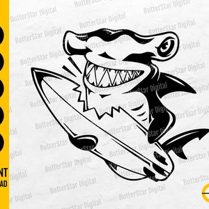 Hammerhead Shark Biting Surfboard SVG | Surfing SVG | Beach T-Shirt Decal Stickers | Cricut Cut Files Clip Art Vector Digital Dxf Png Eps Ai