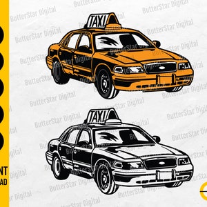 Puede incluir: Dos ilustraciones de un taxi. Una es amarilla y negra, la otra en blanco y negro. Ambas tienen un letrero de "TAXI" en la parte superior. Las palabras "SVG, DXF, PNG, EPS, AI, DESCARGA INSTANTÁNEA" están en el lado izquierdo.