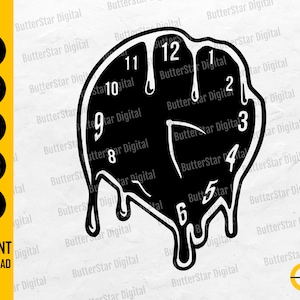 May include: Black and white digital graphic of a melting clock face with numbers 1 through 12. The clock design is dripping, with the text "INSTANT DOWNLOAD" and file type icons on the left. The logo "ButterStar Digital" is in the bottom right.