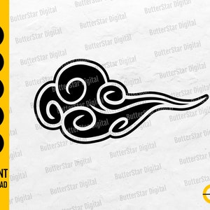 May include: Black cloud graphic with swirling details and a flowing tail. The image includes file format options: SVG, DXF, PNG, EPS, and AI. Text reads "INSTANT DOWNLOAD".
