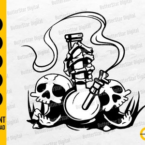 May include: Black and white digital illustration featuring a skull-themed design. The image includes a bong held by a skeleton hand, two skulls, and the text "INSTANT DOWNLOAD". The design is suitable for Halloween or gothic themes.