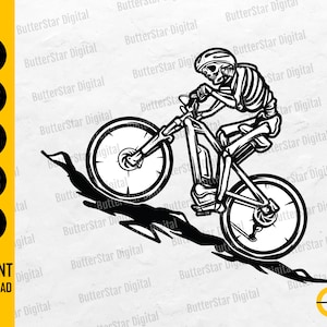 Puede incluir: Ilustración digital en blanco y negro de un esqueleto montando en bicicleta de montaña. El esqueleto lleva casco. La imagen incluye el texto "INSTANT DOWNLOAD".