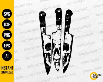 Skull On Knives SVG | Horror Movie T-Shirt Decal Tattoo Stencil Sticker | Cricut Cut Files Silhouette Clip Art Vector Digital Dxf Png Eps Ai