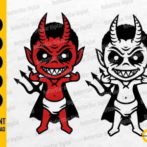 May include: A red and black cartoon devil character with horns, a cape, and a trident. The image includes the text "SVG, DXF, PNG, EPS, AI, INSTANT DOWNLOAD". The devil is shown in both red and black and white.