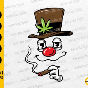 May include: A cartoon illustration of a clown face with a brown top hat featuring a green cannabis leaf. The clown has a red nose, white eyes, and is smoking a cigar. The image includes the text "INSTANT DOWNLOAD" and file type options.