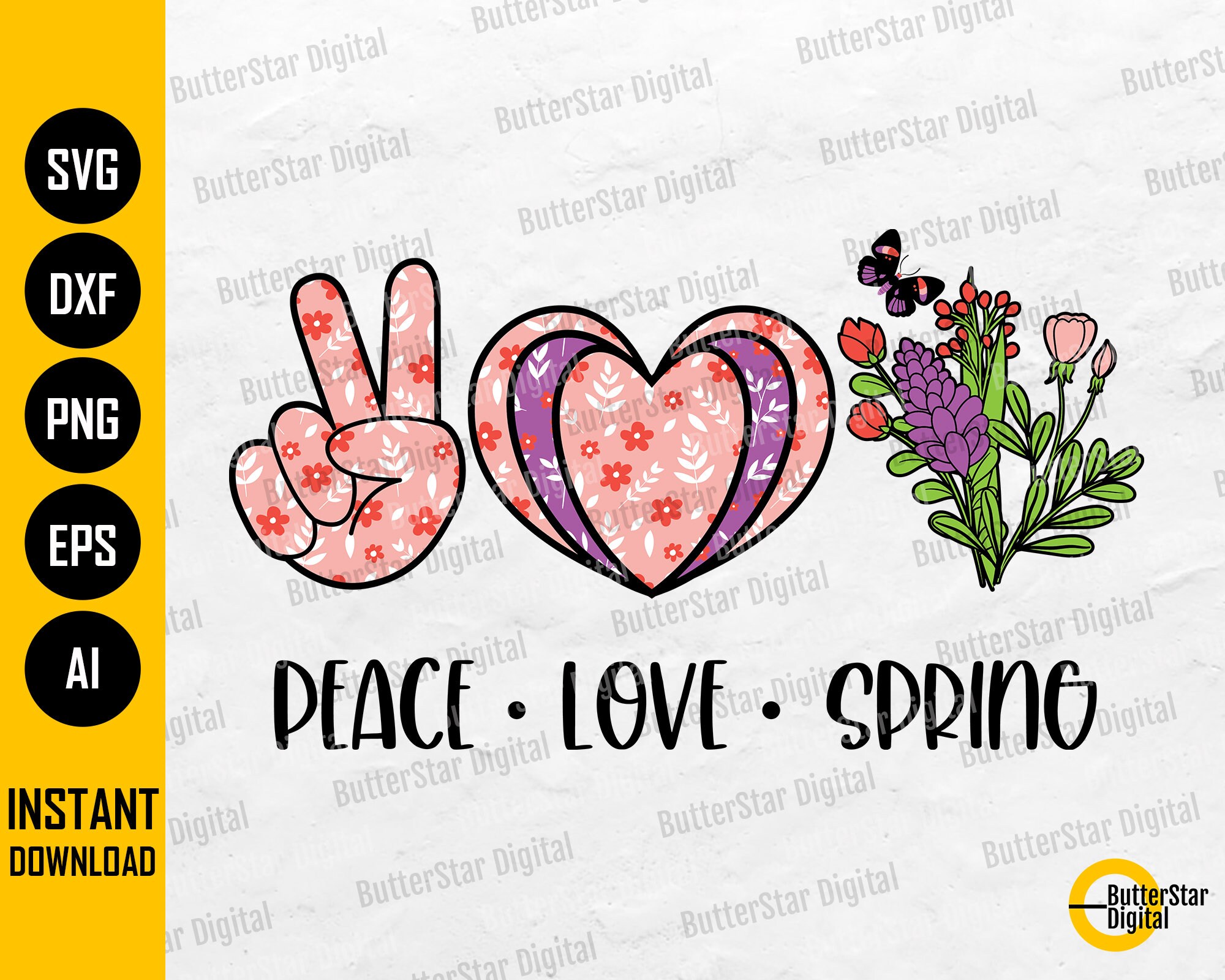 Peace Love Spring PNG | Easter PNG | Cute Heart Flowers Sign Decor ...
