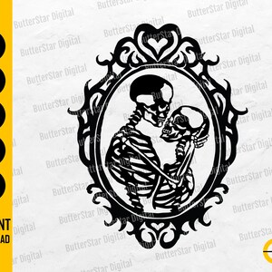 May include: A black and white illustration featuring two skeletons in an embrace, set within an elaborate oval frame. The design includes the text "SVG, DXF, PNG, EPS, AI" and "INSTANT DOWNLOAD". The image has a gothic or Halloween theme.