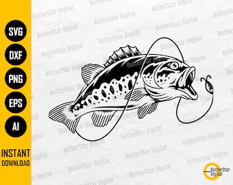 Bass Fishing SVG | Angling SVG | Fish Hook SVG | Smallmouth Largemouth Fresh Water Lake | Cutting File Clipart Vector Digital Dxf Png Eps Ai