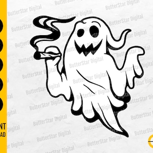 May include: A black and white cartoon ghost smoking a cigarette. The ghost has a smiling face and is surrounded by smoke. The image includes the text "SVG, DXF, PNG, EPS, AI" and "INSTANT DOWNLOAD".