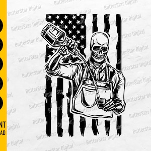 May include: Black and white graphic of a skeleton bartender pouring a drink, set against a stylized American flag background. The image includes the text "INSTANT DOWNLOAD" and file type options: SVG, DXF, PNG, EPS, and AI.