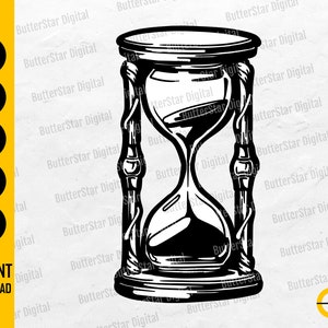 May include: Black and white hourglass illustration with ornate detailing. The design includes the text "INSTANT DOWNLOAD" and file type options: SVG, DXF, PNG, EPS, and AI. The image is from ButterStar Digital.