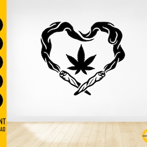 May include: Black and white graphic of a heart shape formed by smoke, with a cannabis leaf in the center and two lit joints at the bottom. The image includes the text "SVG, DXF, PNG, EPS, AI" and "INSTANT DOWNLOAD".