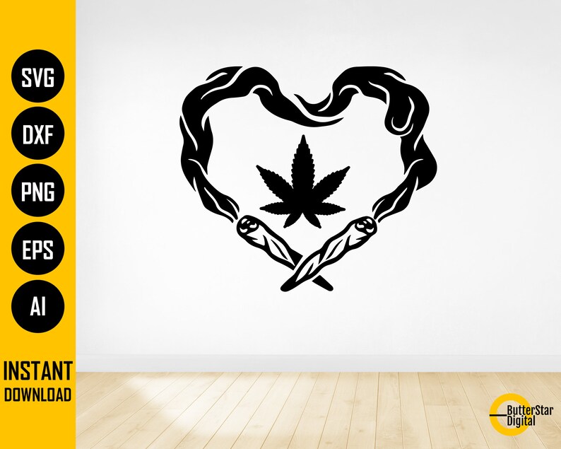 May include: Black and white graphic of a heart shape formed by smoke, with a cannabis leaf in the center and two lit joints at the bottom. The image includes the text "SVG, DXF, PNG, EPS, AI" and "INSTANT DOWNLOAD".