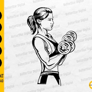 May include: Black and white vector graphic of a woman lifting dumbbells. The image is a side profile, showcasing the woman's muscular physique. Text on the left side indicates file formats: SVG, DXF, PNG, EPS, and AI. The words "INSTANT DOWNLOAD" are also present.