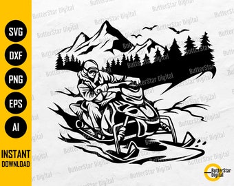 Scena motoslitta SVG / Veicolo da neve SVG / Adesivo adesivo invernale T-Shirt vinile / Cricut Taglio File Silhouette Clipart Digital Dxf Png Eps Ai