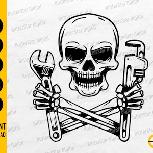 May include: A monochrome graphic featuring a skull with crossed spanners. The skull is detailed, and the spanners are held by skeletal hands. The image includes the text "SVG, DXF, PNG, EPS, AI" and "INSTANT DOWNLOAD".