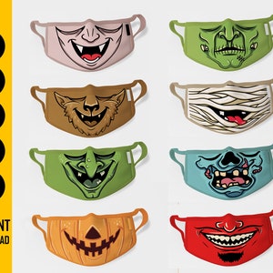 Puede incluir: Colección de ocho mascarillas con varios diseños de monstruos y Halloween. Las máscaras incluyen un vampiro, zombi, hombre lobo, momia, duende, zombi azul, calabaza y diablo. También se ven las palabras "SVG, DXF, PNG, EPS, AI" y "INSTANT DOWNLOAD".