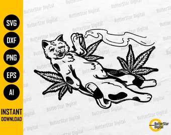 Cat Smoking Cannabis SVG | Stoner Animal SVG | Smoke Marijuana SVG | Cricut Silhouette Cameo Printable Clipart Vector Digital Dxf Png Eps Ai