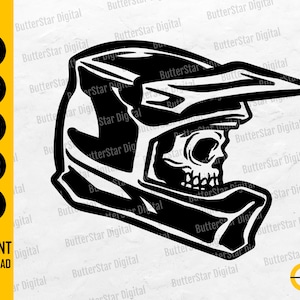 May include: Black and white graphic of a motocross helmet with a skull face. The helmet has a visor and chin guard. The image includes the text "SVG, DXF, PNG, EPS, AI, INSTANT DOWNLOAD."